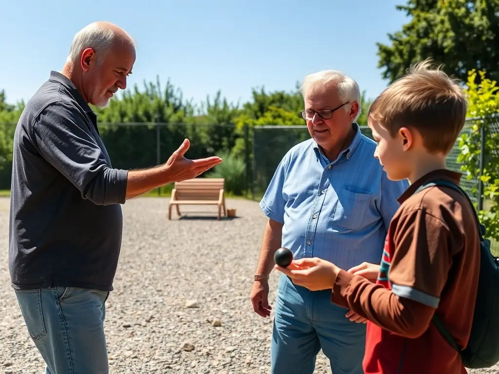 Image of a coach providing personalized boules training to a member, focusing on technique and strategy improvement.