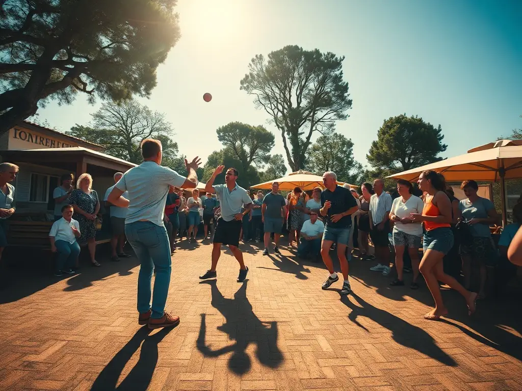 A photograph capturing the excitement of a boules tournament, highlighting the competitive spirit and community engagement.