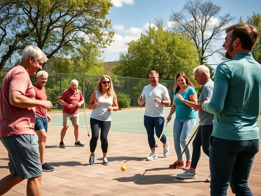 A vibrant image of members of La Boule Neuvicoise participating in a friendly boules match, showcasing teamwork and community spirit.