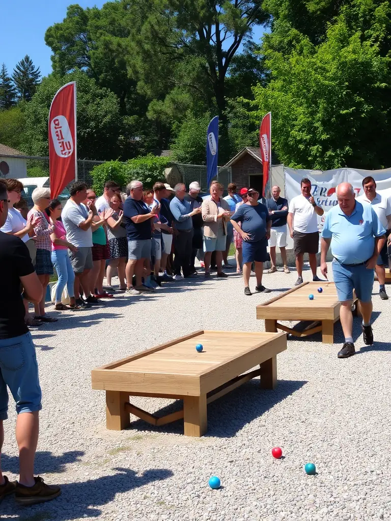 A picture of LA BOULE NEUVICOISE members participating in a regional boules tournament, highlighting the organization's involvement in competitive events beyond the local community.
