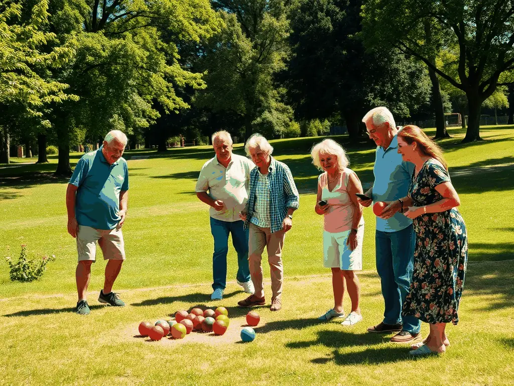 A group of LA BOULE NEUVICOISE members participating in a friendly boules match on a sunny afternoon, showcasing the social and recreational aspect of the sport.