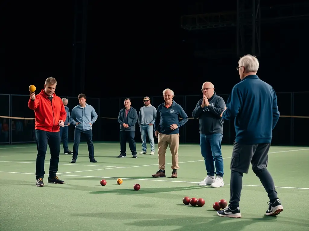 A vibrant image of members participating in a boules training session, showcasing skill development and camaraderie.