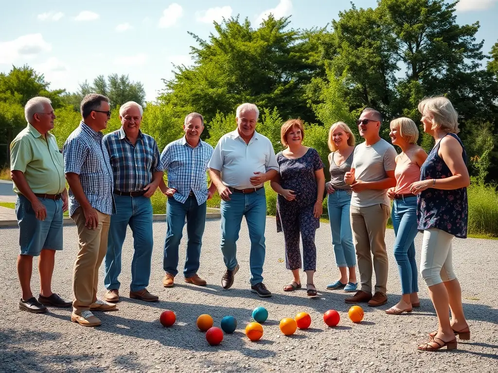 An image of community members of all ages enjoying a boules game, emphasizing inclusivity and social interaction.