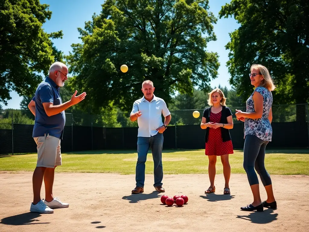 A group of LA BOULE NEUVICOISE members participating in a friendly boules match on a sunny afternoon, showcasing teamwork and camaraderie.
