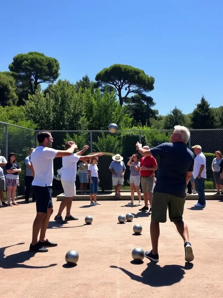 A photograph capturing a boules practice session in Neuvic, France, with members of LA BOULE NEUVICOISE actively participating and demonstrating various throwing techniques.